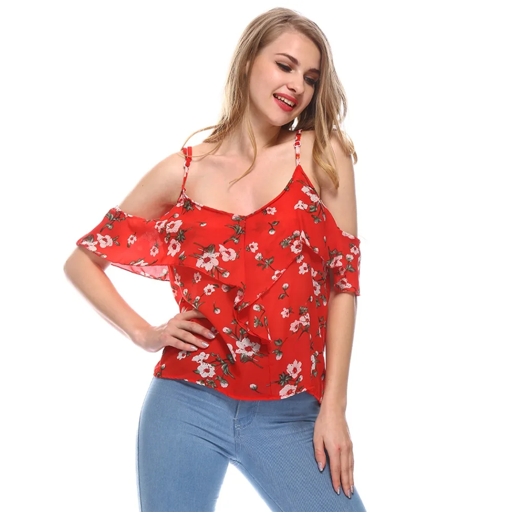 

Sexy Cold Shoulder Red Floral Tops Ruffles Chiffon Blouses Shirt Women Strap Boho Blusas Mujer 2018 Summer Beach Blouse Feminina