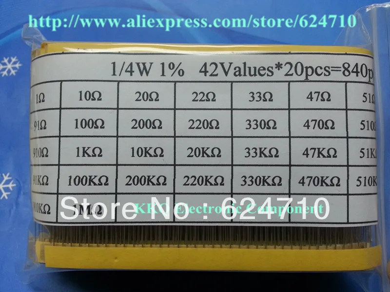 В общей сложности 840 шт. 1% 1/4 Вт(1Ohm~ 1 м ом) комплект металлического пленочного набор сортированных 42 значения, 20 штук каждый соотношение цена/качество