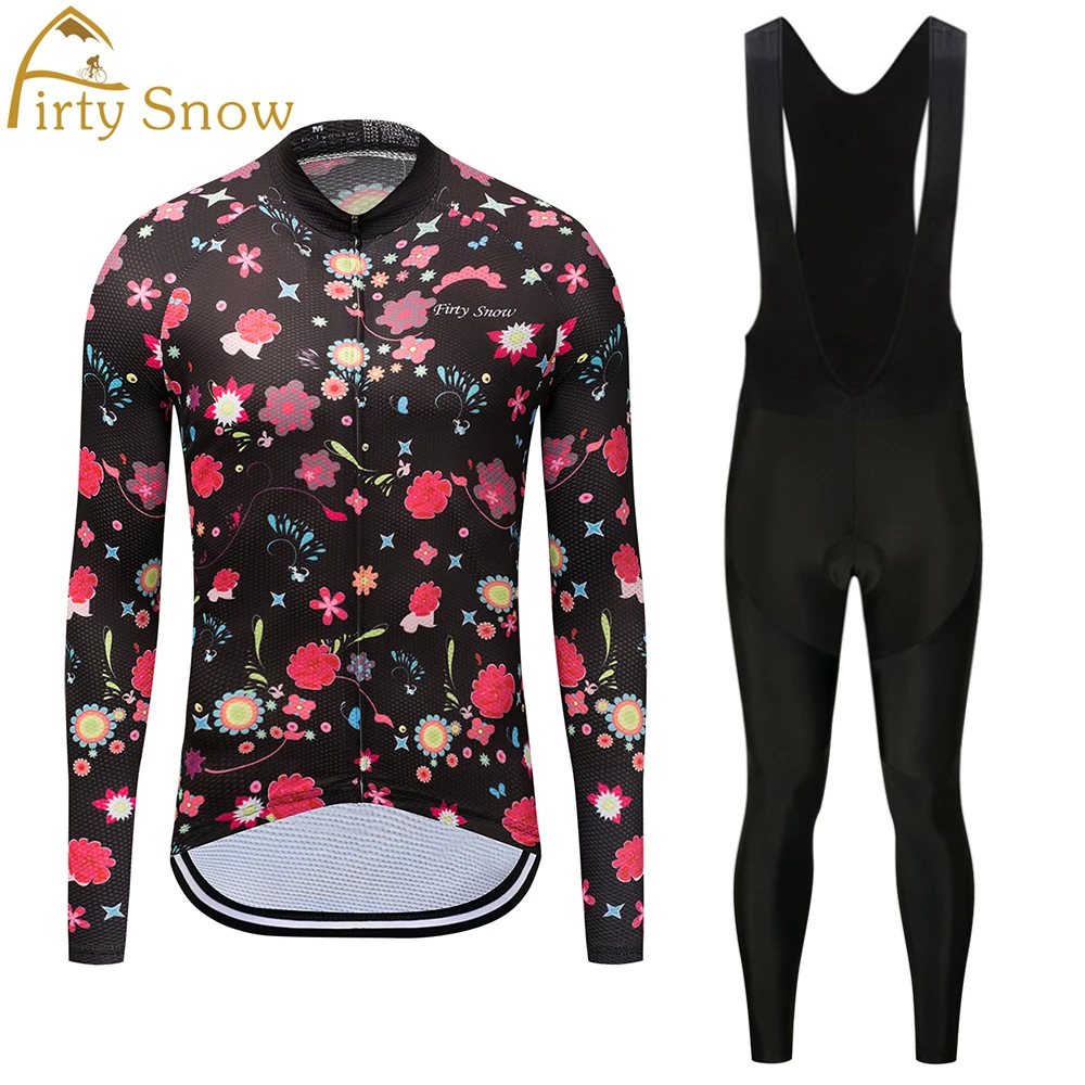 

Women's Cycling Uniform Long Sleeve Bicycle Jersey Bib Pants Breathable & Fleece Cycling Bike Clothing Set with Flowers Pattern