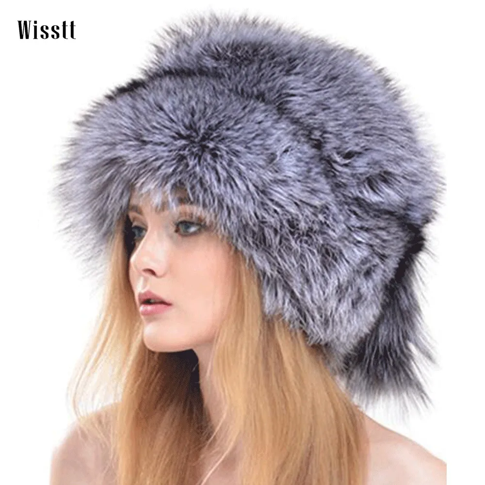 WISSTT 2017 Women Mongolian 100% Real Natural Fur Silver Red Fox Hat with Fox Tail Lady Winter Warm Hats Soft Hairy Cap