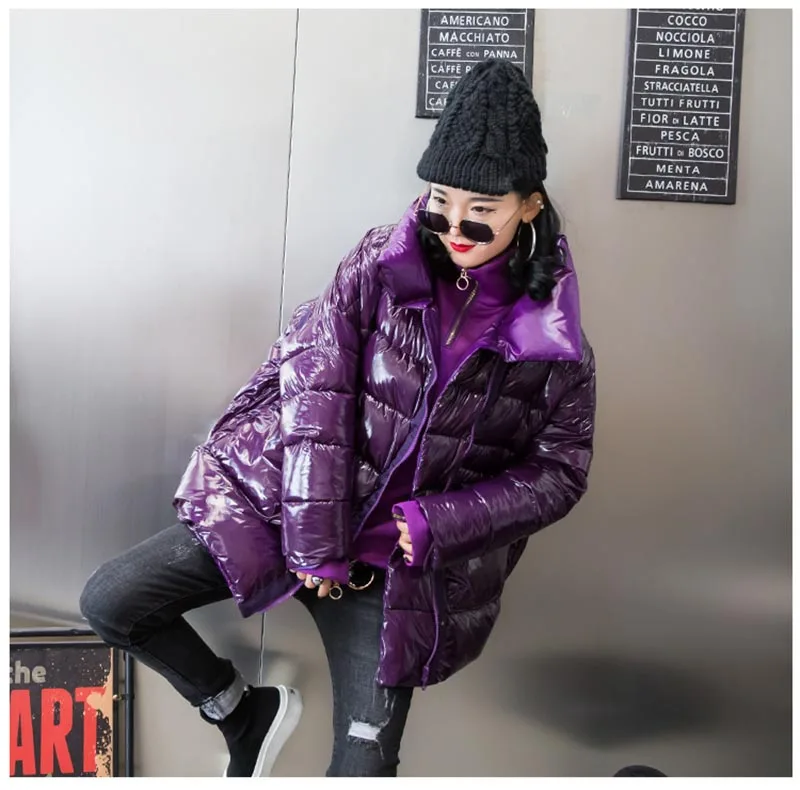 Женское пальто в стиле хип-хоп большого размера, зимняя теплая Глянцевая куртка для женщин размера плюс, верхняя одежда в стиле Харадзюку, пуховик с лакировкой, Женская парка - Цвет: Фиолетовый