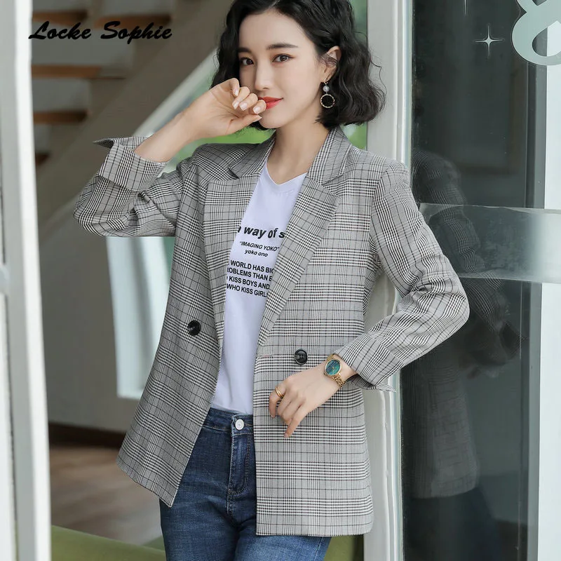 1pcs Women's Plus size Slim fit Blazers coats 2019 Autumn cotton blend plaid Small Suits jackets ladies Skinny Blazers Suits