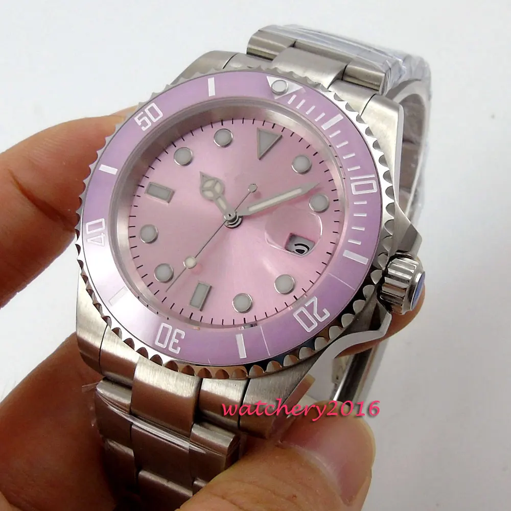 

40mm Bliger pink sterile dial ceramic bezel Date Crystal top brand Newest Luxury Luminous Marks Automatic movement Men's Watch
