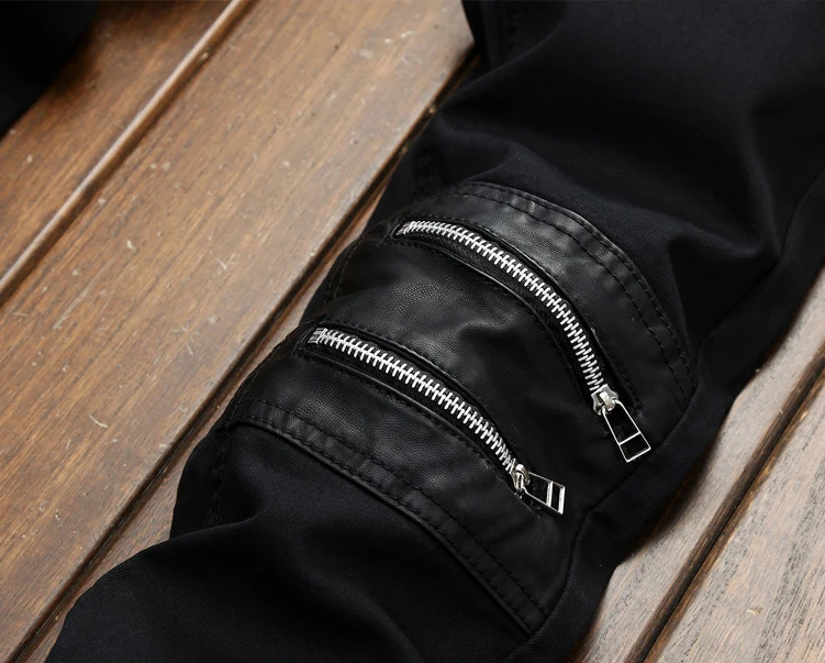 Новое поступление, кожаные Лоскутные черные Стрейчевые обтягивающие джинсы на молнии, мужские Модные прямые джинсы в стиле хип-хоп, панк-рок