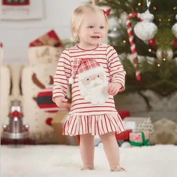 

Ins Explosion 2018 Girls Christmas New Year Girls Long Sleeve Snowman Striped Dress