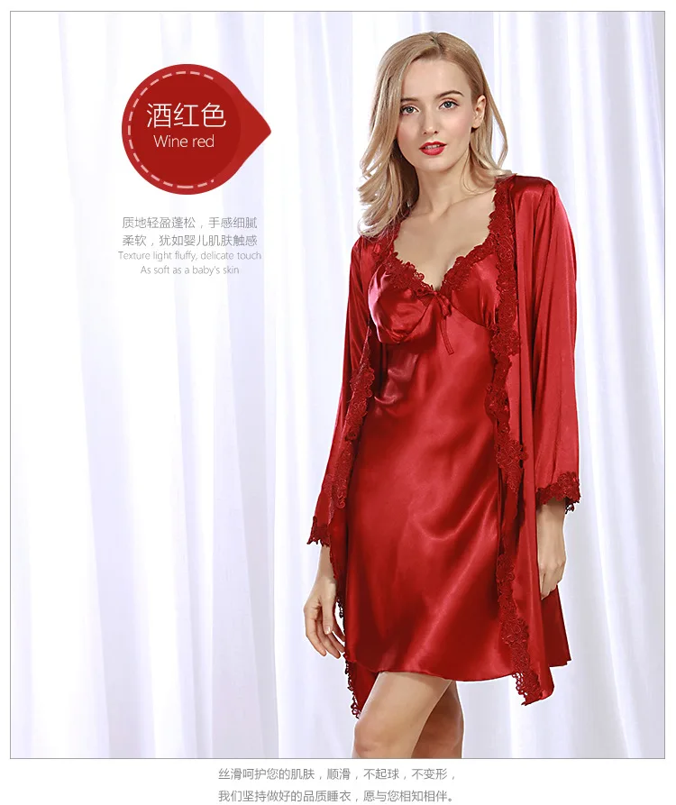 Falso de Seda Robe de Cetim Vestido de Renda Hoffen Pescoço Sexy Robe Vestido Conjunto Pijamas 2 Pcs Femme Terno Ws358 2021 v 3 High Quality Pijamas e Moda Íntima