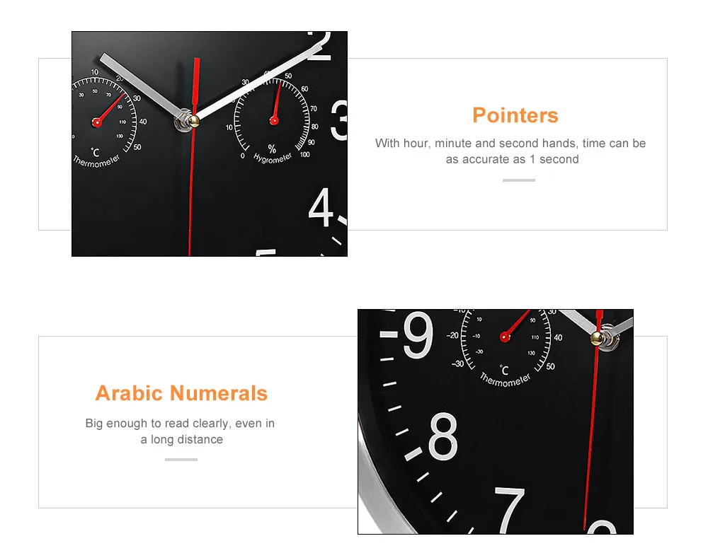 Бесшумные Кварцевые Металлические настенные часы с термометром, гигрометром, бесшумным механизмом, без тиканья, домашний декор, дизайн