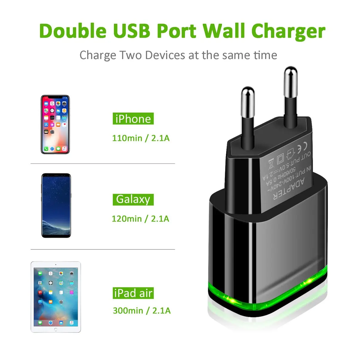 5 в 2017 а/1 А 2 порта USB зеленасветодиодный ная подсветка европейская вилка Адаптер