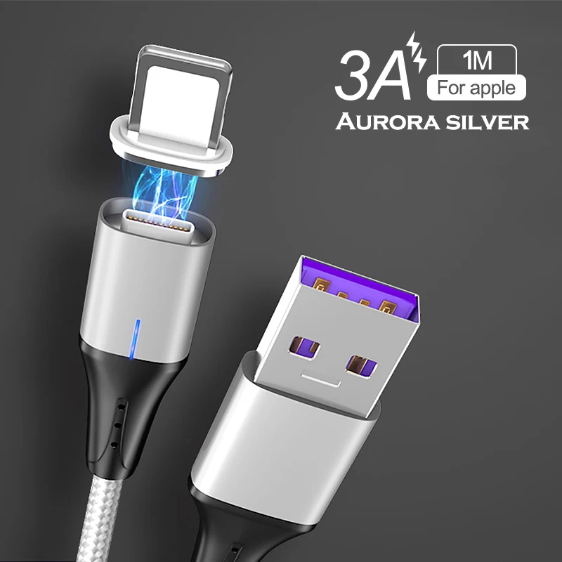 QC 3,0 Магнитный USB кабель 3A Магнитный зарядный кабель передачи данных для быстрой зарядки type C Micro USB C кабель для iPhone samsung Xiaomi huawei - Цвет: 3A Silver For Apple