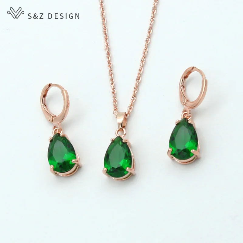 S&Z DESIGN New Fashion Water Drop Cubic Zirconia 585 Rose Gold Color Dangle Earrings Jewelry Set For Women Wedding Party Gift