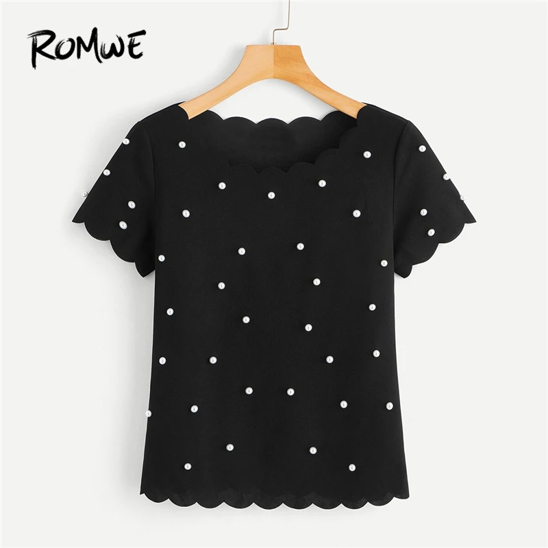 

ROMWE Black Solid Scallop Trim Pearls Beaded Top Women Summer 2019 Plain Short Sleeve Round Neck Elegant T Shirts Tees