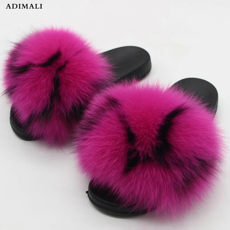 

New Real Fox Hair Slippers Women Fur Home Fluffy Sliders Winter Plush Furry Summer Flats Sweet Ladies Shoes Large Size 45