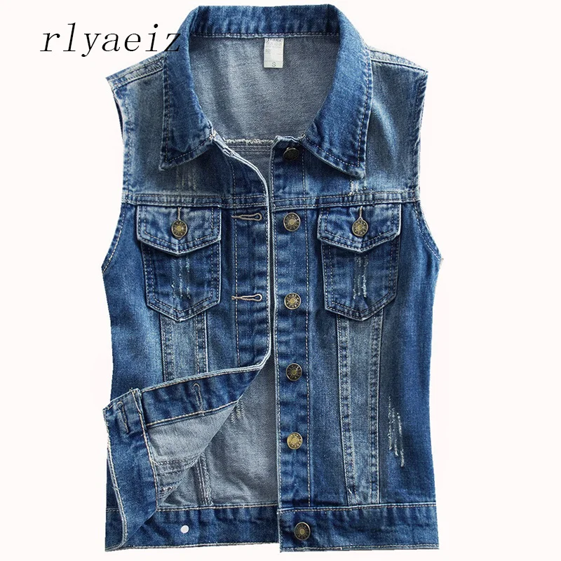 

Rlyaeiz Spring Summer Short Denim Women's Vest 2018 Casual Slim Single Breasted colete feminino Sleeveless Jeans Jackets Coats