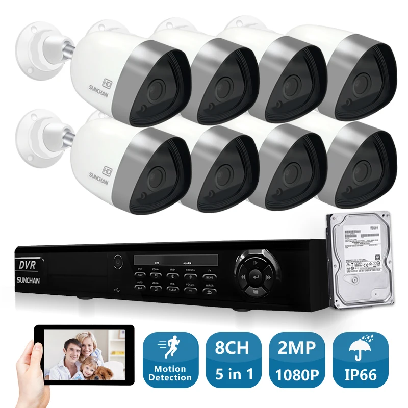 

SUNCHAN Security Camera System 1080P 8 Channel 5-in-1 2MP Home Security System 1TB Hard Drive 4pcs Weatherproof Security Cameras