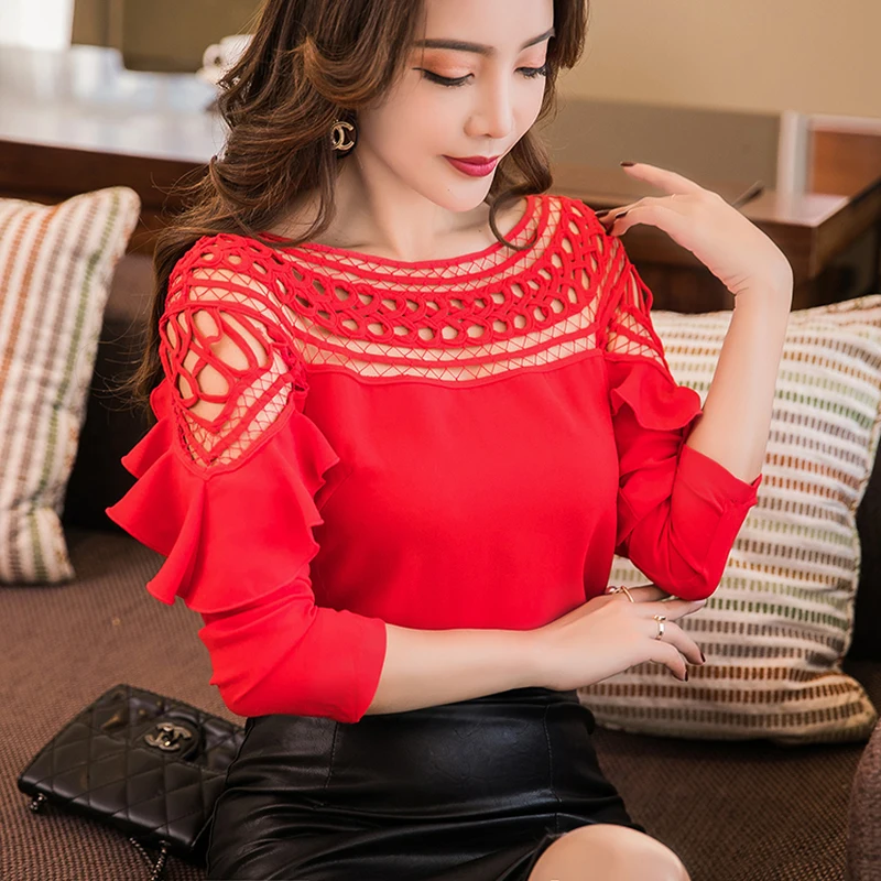 

black white red purple slash neck Off-shoulder tops Openwork chiffon shirt long sleeve 2018 spring summer women fashion blouse