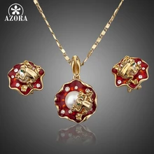 AZORA Las Ranas En la Flor de Loto de Oro Chapado Stud Pendientes y Collar de La Joyería Sets TG0019