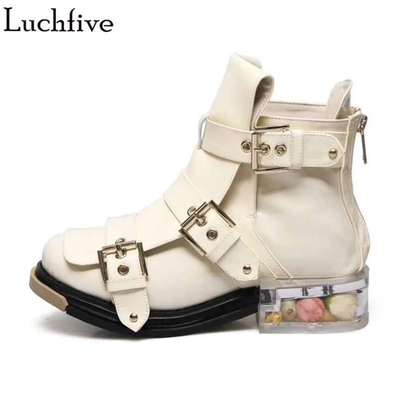 

2018 Punk style Boots women clear Transparent PVC flat heel rose flowers decor Ankle Boots Strap buckled martin short booties