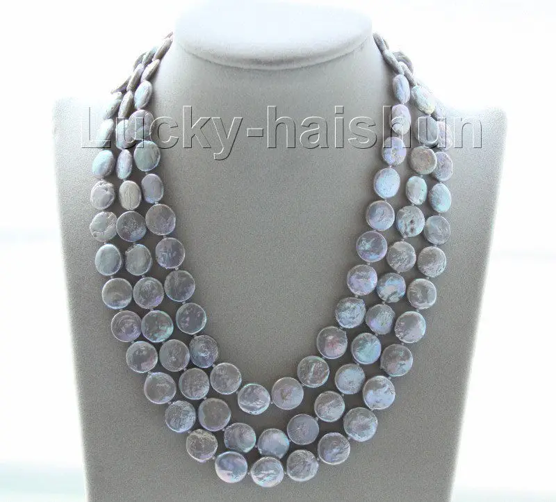 

Hot selling free shipping*******adjustable 15.5"-17.5" 3row 12mm coin fastener gray pearls necklace j9506