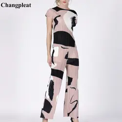 Changpleat 2019 лето новый цифровой печатный Женский комплект miяк плиссированный модный дизайн футболка и прямые брюки женские костюмы прилив