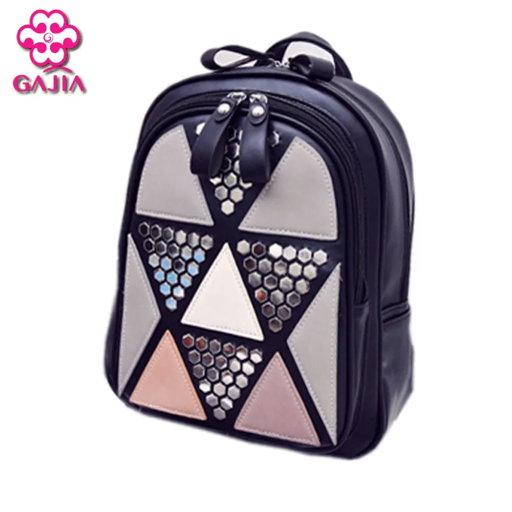 Preppy Style Women Backpack Geometric Patchwork Female School Bags High Quality PU Leather Backpacks for Teenagers