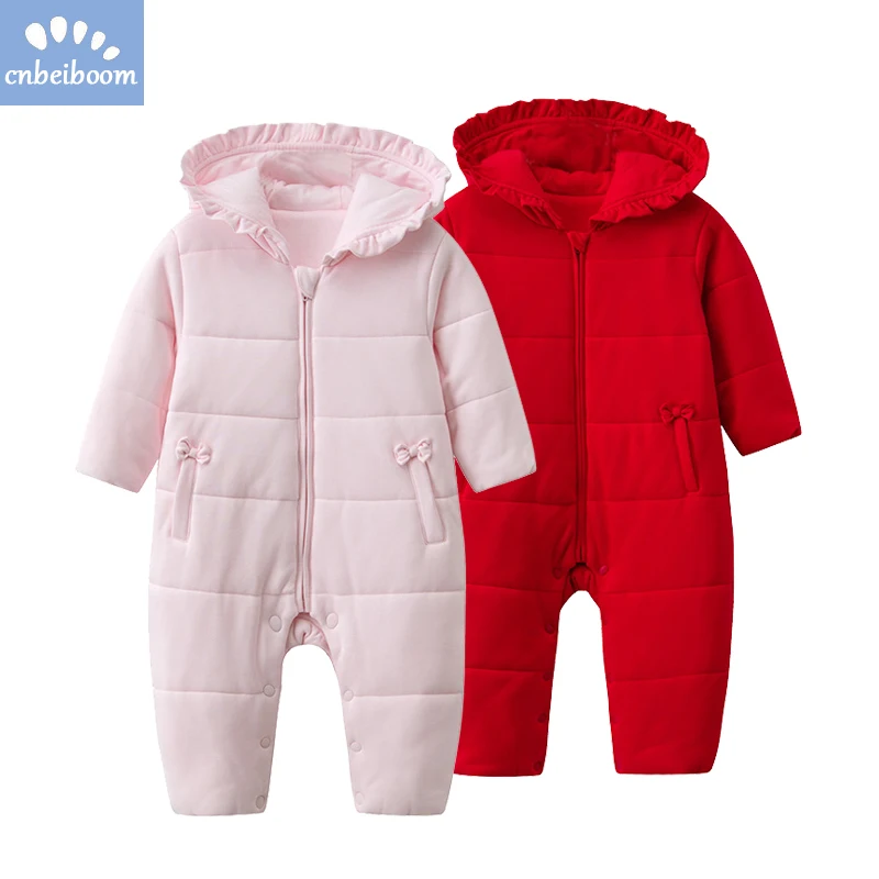 

Cotton romper baby girls hooded winter rompers infant newborn jumpsuits red pink bow cute soft warm 2018 first new year clothes