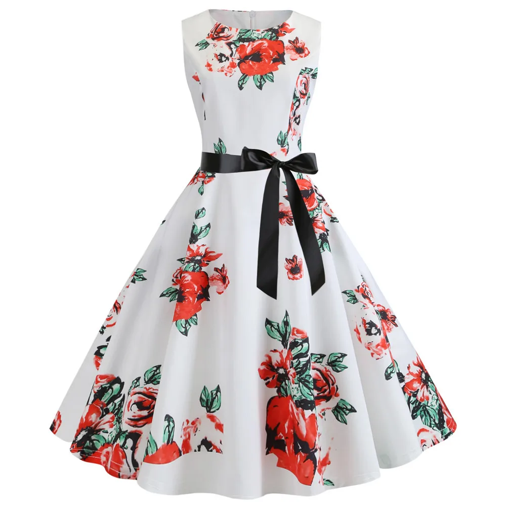 

2019 Summer Fashion Women Clothing Female Vintage Flower Floral Printed Vest Knee-length Dress Bow Sash XL-01