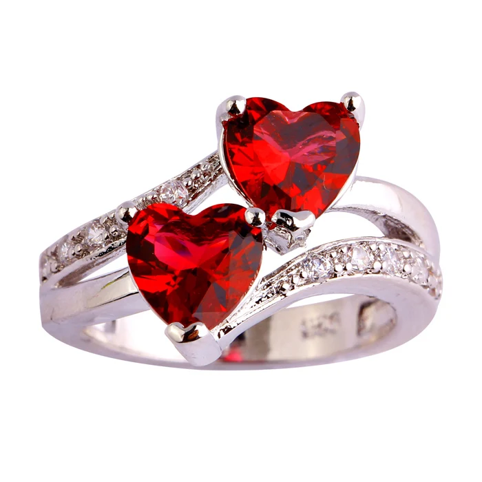 Lingmei Weddig невесты изысканный Двойное сердце красный и белый цирконий серебристый 925 кольцо размеры 6 7 8 9 10 11 12 13 украшения для женщин Лидер продаж - Цвет основного камня: Красный