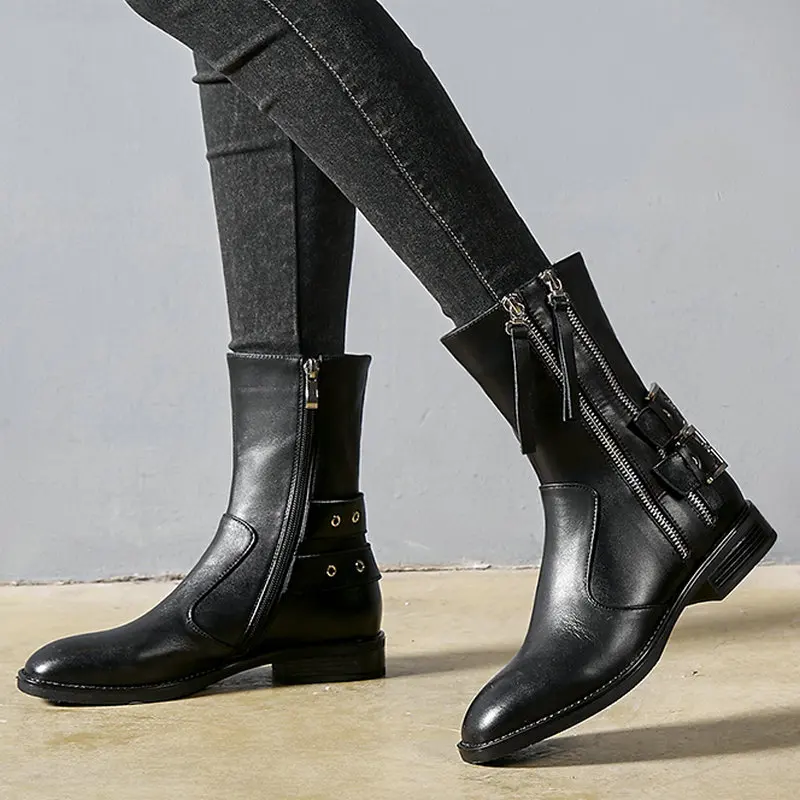 

Genuine Leather Motorcycle Flat Boots for Women Fashion punk Ladies Luxury Designer Buckle Zipper Ankle Boots Combat boots