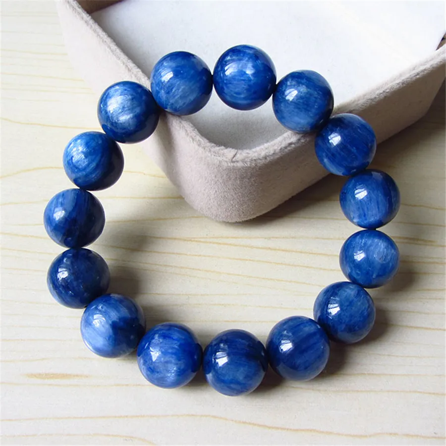 

14mm Blue Genuine Natural Kyanite Bracelet Women Men Stretch Powerful Big Crystal Round Bead Bracelets
