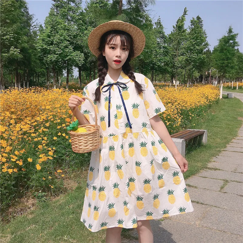 

Casual Women's Lovely Dresses Ins Chic Kawaii Casual Loose Bow Pineapple Dress Girl Sweet Harajuku Punk Clothes For Women