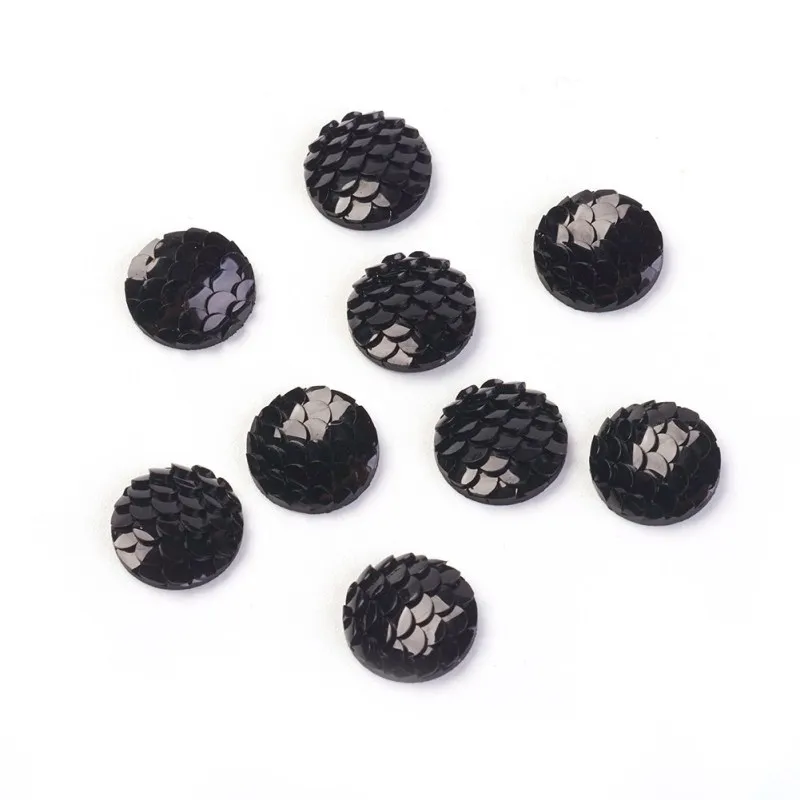 

100pcs Resin Cabochons Flat Round with Mermaid Fish Scale Black 12x3mm For DIY Jewelry Making Handicrafts Supplies Decorations