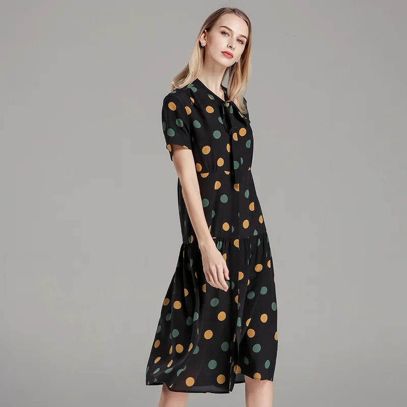 Women Midi Dresses Vintage Dot Print Summer Dress Silk Bow Neck Short Sleeve Dress Office Lady Casual Loose Vestidos Plus Size