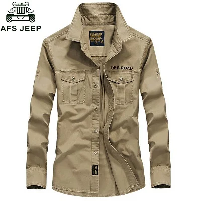 Afs Jeep, мужская рубашка, брендовая одежда,, хлопок, длинный рукав, Армейская, военная, мужская рубашка, повседневная, Camisetas hombre, размера плюс S-4XL - Цвет: Хаки