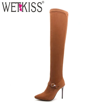 

WETKISS Sexy High Heels Women Boots Pointed Toe Footwear Over The Knee Female Stretch Boot Winter Shoes Women 2018 Plus Size 46