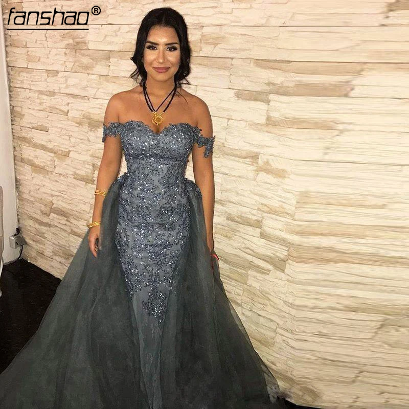 

Gray Evening Dresses with Detachable Train Off the Shoulder Appliques Organza Red Carpet Gown Over skirt Celebrity Dress