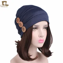 Новая Женская эластичная шапочка с тремя деревянными пуговицами Кепка chemo для выпадения волос тюрбан для сна Дамская бандана