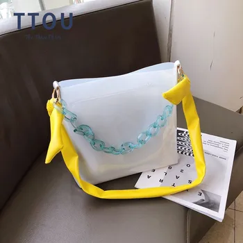 

TTOU Clear Transparent PVC Shoulder Bags Women Candy Color Purses Handbags Acrylic Strap Designer Bucket Bags Sac a main