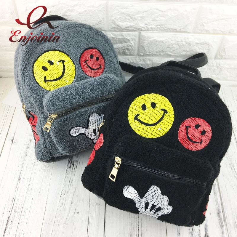 

Korean fashion cartoon smiley sequins casual Pu Leather female zipper backpack girl's gift school bag shoulder bag gray & black