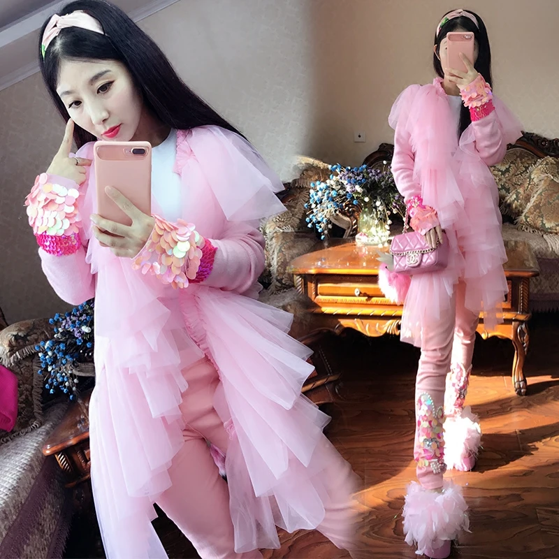

2018 new autumn and winter mesh sweater open stitch medium-long beading sequins Cashmere knitting cardigans