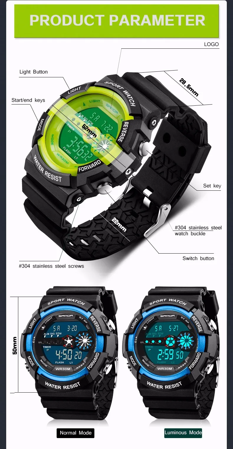 SANDA новые модные водонепроницаемые светодиодный спортивные военные часы Shock Мужские Аналоговые кварцевые цифровые часы relogio masculino