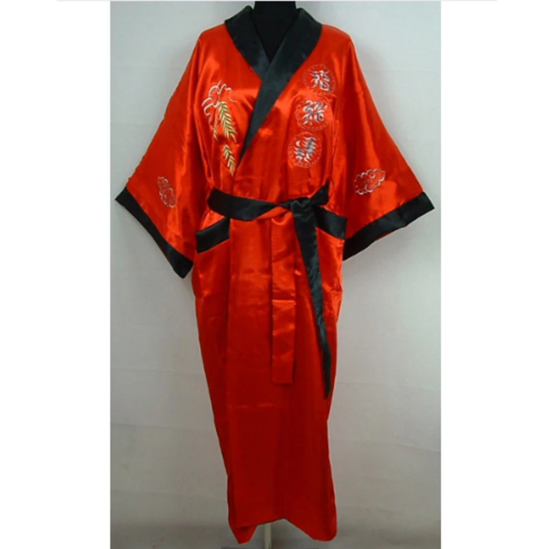Реверсивный Черный/бордовый Мужской Атласный Шелковый кимоно платье Китайская традиционная вышивка бандаж для пижамы Халат Один размер 011011