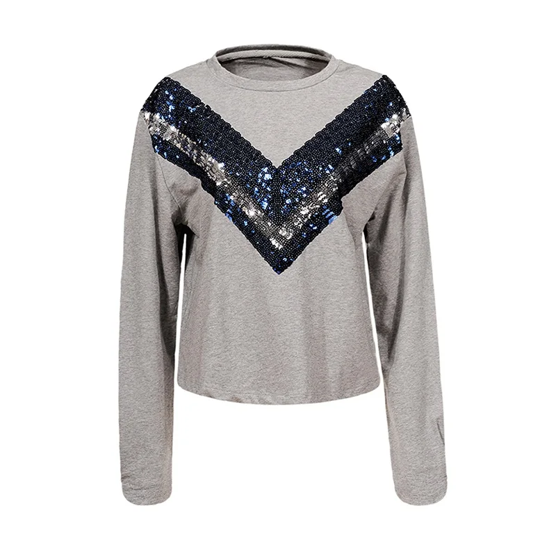 GLO-STORY, Модный женский пуловер с блестками, свитшоты с длинным рукавом и круглым вырезом, осенние женские топы, WPU-7487 - Цвет: Grey