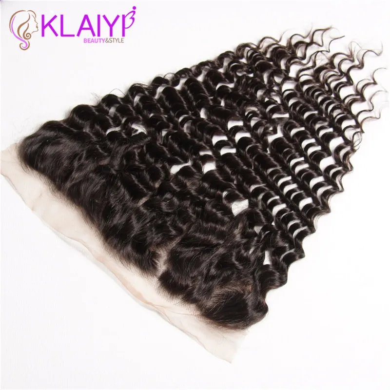 Klaiyi 13X4 Ear To Ear Lace Frontal Closure Without Bleached Knots Brazilian Deep Wave Frontal Remy Human Hair Lace Frontal
