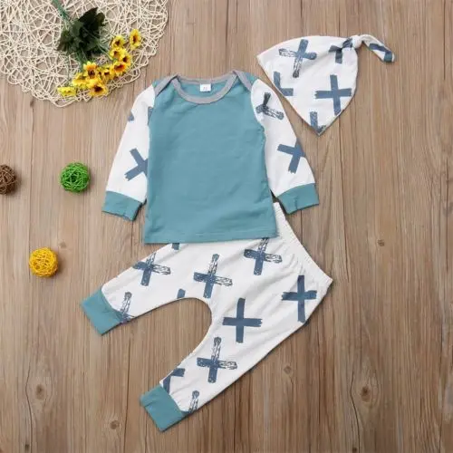 spesifikasi Merek Baru 3 Pcs Bayi Bayi Anak Bayi Anak Laki laki Anak Perempuan Katun T shirt Tops + X Cetak Legging Celana + Topi pakaian Bayi Pakaian Set