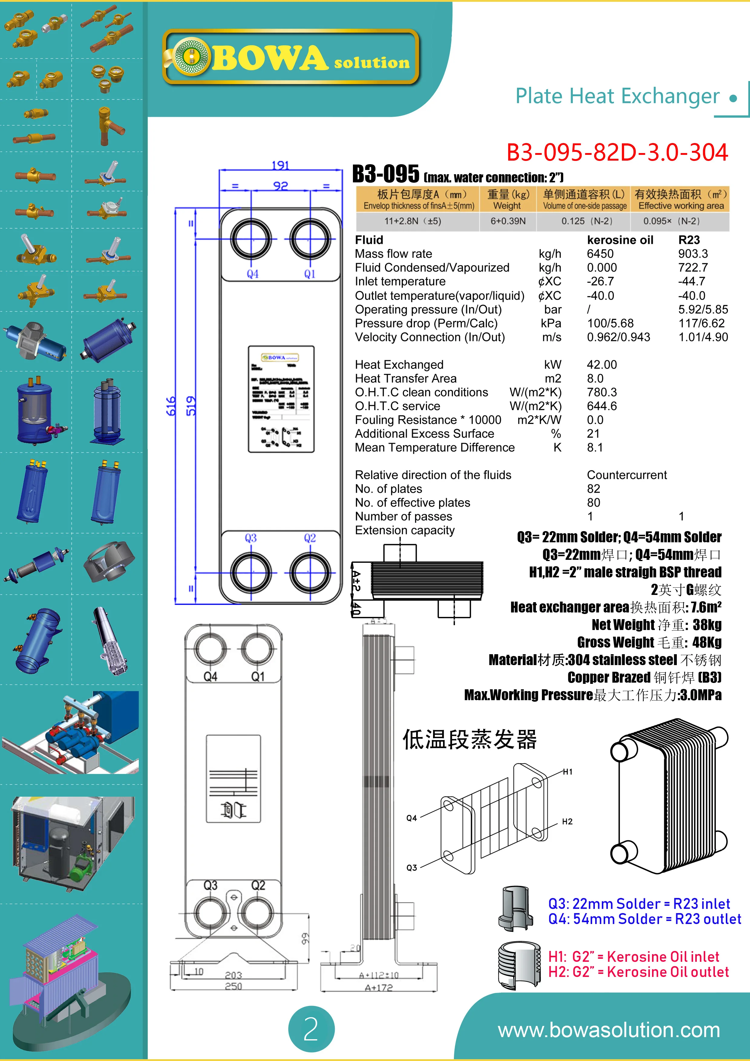 B3-095-82D PHE действует как 42 кВт низкоступенчатый испаритель каскадного морозильника для охлаждения вторичного хладагента(керосиновое масло) вниз-40~-90'C