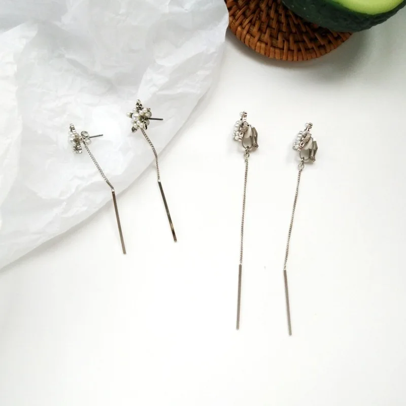 

Simple Long Tassel Dangle Earrings Creative Imitation Pearl Star Ear Clip Jewelry Personality Fashion Girl Women's Accessories