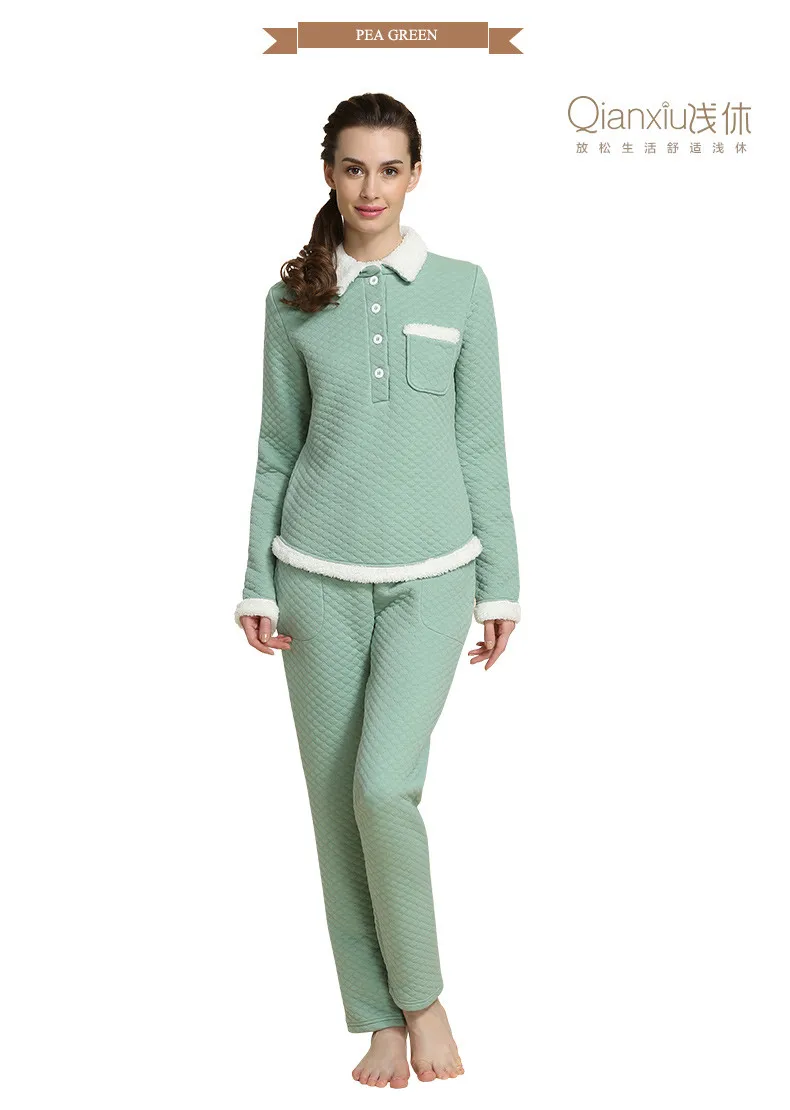 Зимний бренд qianxiu домашняя одежда для женщин, утолщенные пижамные комплекты для женщин, хлопковый модальный пижамный костюм, рубашки с отложным воротником+ штаны