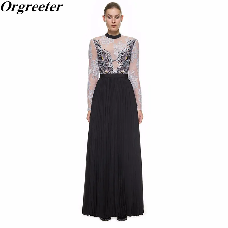 

Vintage Flowers Embroidery Long Sleeve 2018 Spring Runway Dress High Quality Fairy Moni Lace Pleated Ankle Maxi Long Dresses