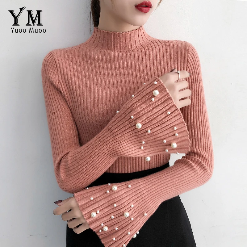 

YuooMuoo Pink Women Pearl Beaded Sweater New 2019 Autumn and Winter Turtleneck Long Sleeve Slim Women Knit Sweater and Pullover