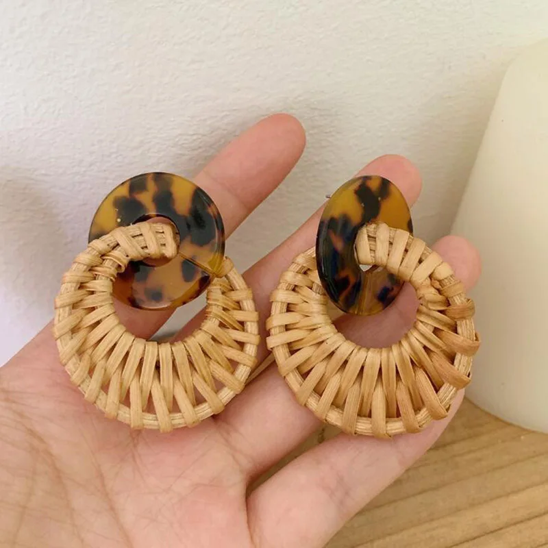 

High Quality Korea Handmade Bamboo Braid Pendant Drop Earrings New Fashion Rattan Vine Knit Long Earrings For Women Girl Gift